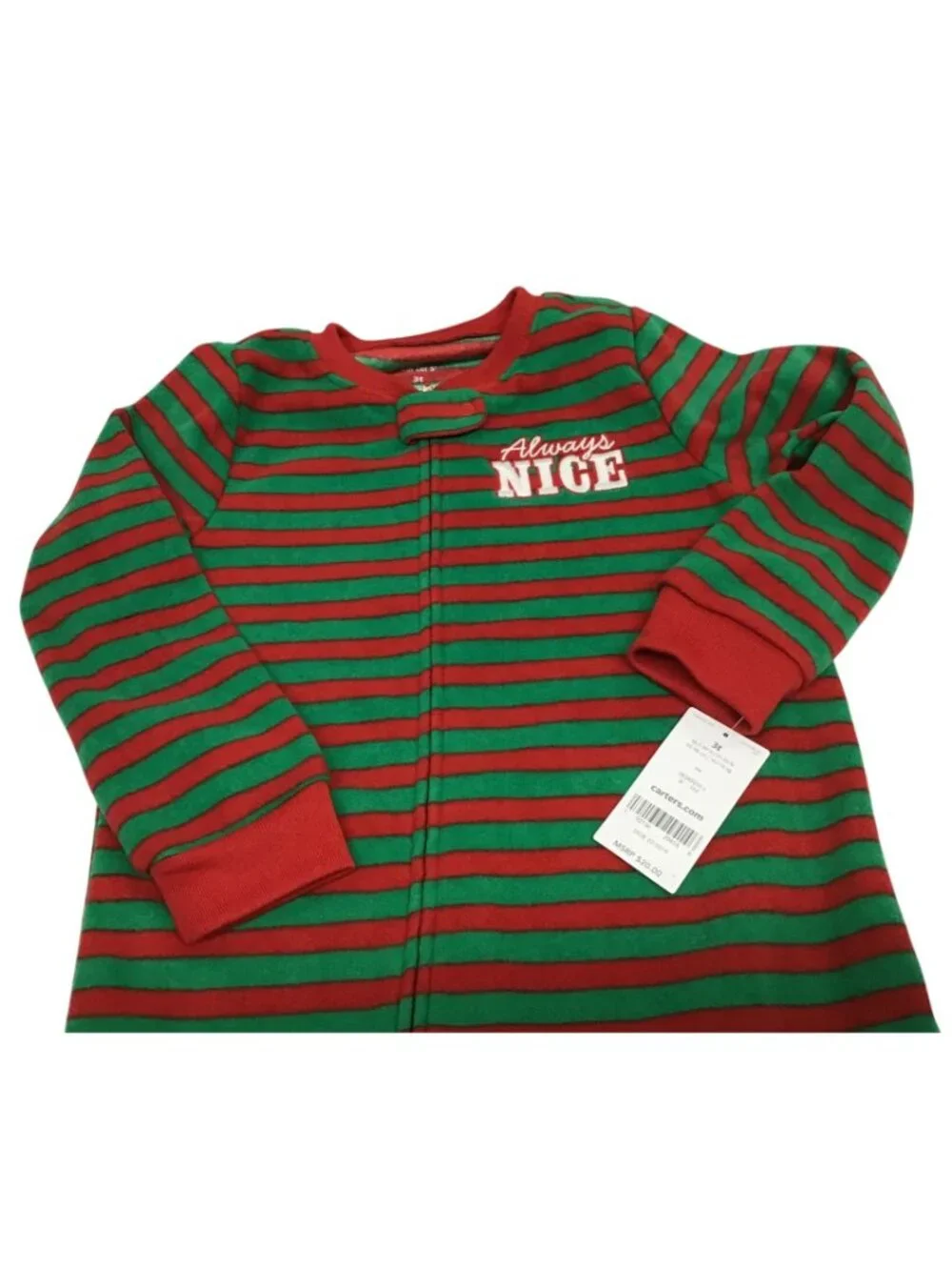 Carters 3T Always Nice Red Green Striped Christmas Fleece Santa Footed Pajama